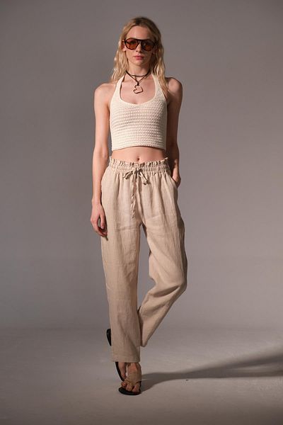 Maule Beige 100% Genuine Linen Volume Cut Lace up Elastic Women's Trousers @Valensiya