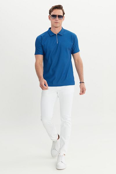 AC&Co / Altınyıldız Classics Ανδρικό μπλουζάκι Indigo Relax Fit Relaxed Cut Polo Neck ελαστικό μπλουζάκι