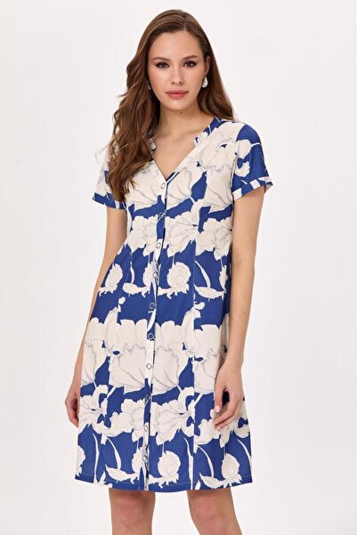 İKİLER V Yaka Önü Çıtçıtlı Kısa Kol Desenli Elbise 025-2508