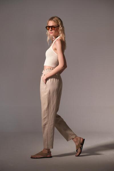 Maule Γυναικείο ελαστικό παντελόνι από 100% γνήσιο λινό καρότο με κορδόνια @Valensiya