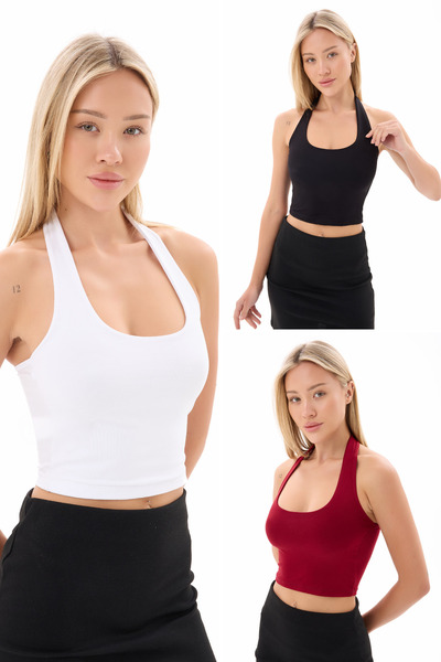 vesantia 3 Piece Black White Claret Red Halter Neck Crop