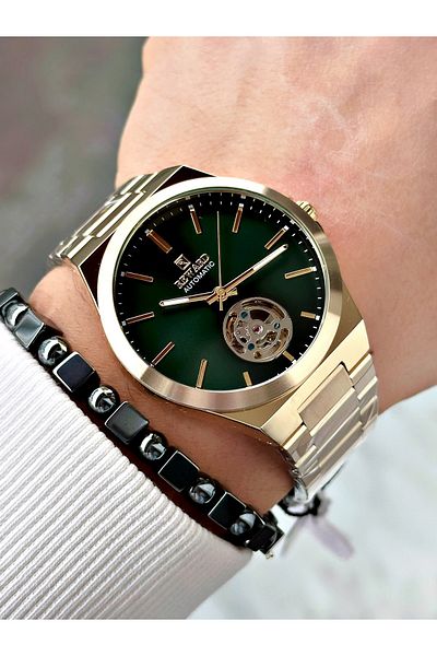 Reward Gold Color Automatic Winding Steel Band Men's Wristwatch + Bracelet