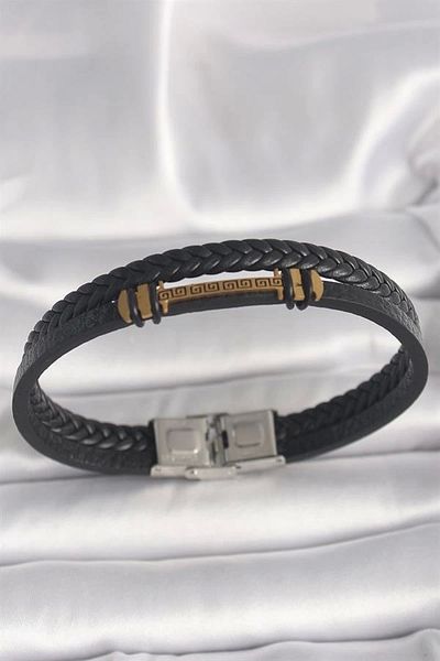 Alisim 316L Steel Silver Color Double Row Black Twist Pattern Leather Cord Men's Bracelet with Accessories