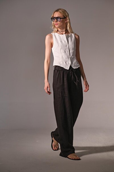 Maule Black 100% Linen Wide Leg Loose Fitting Lace up Elastic Women's Trousers @Leon