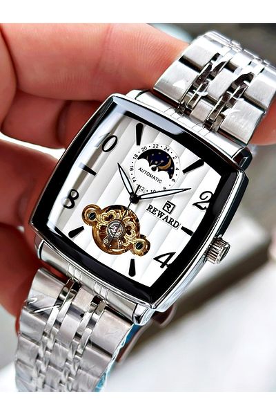 Reward Silver Color Square Mechanism Automatic Winding Men's Wristwatch + Bracelet