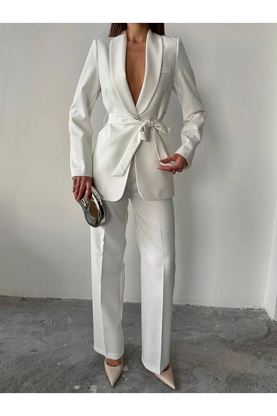 ENZOI White Belted Jacket Palazzo Pants Suit