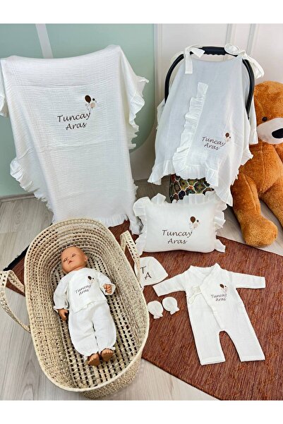 KARSU TASARIM İsimli %100 Pamuk 4 Kat Müslin Hastane Çıkış Seti, Puset Örtüsü...