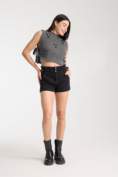 Denivy Ribbon Detailed Knitwear Crop Sweater
