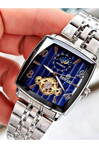 Reward Silver Color Square Mechanism Automatic Winding Men's Wristwatch + Bracelet