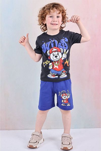 Yağmur Giyim PJKSKT Cool Teddy Bear Pattern Blue Shorts Set pentru băiat cu mânecă scurtă 7627-M