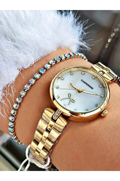 Chaperone Altın Renk Sade Model Kurdela Detaylı Kadın Kol Saati + BİLEKLİK