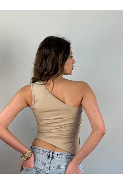 Jacarsman Bluză de damă cu tăietură asimetrică cu un singur umăr, bej