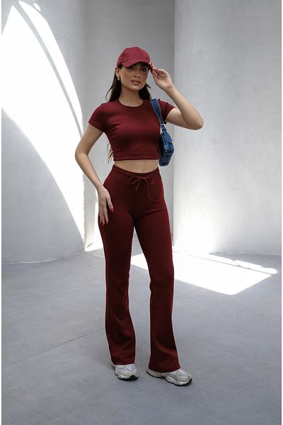veres Women S Burgundy Bodycon Stretchy Knitted Crop Tshirt with Flared Leggings Y2K Bottom-Top Set