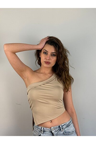 Jacarsman Bluză de damă cu tăietură asimetrică cu un singur umăr, bej