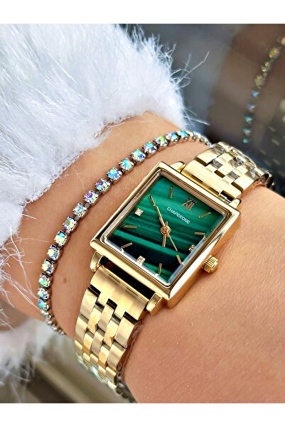 Chaperone Altın Renk Kare Model Sade Çelik Kordon Kadın Kol Saati + BİLEKLİK