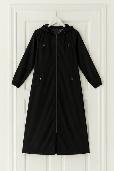 ALNİSS COLLECTİON Women's Large Size Waterproof Hooded Pocket Detailed Full Length Top Coat Trench Coat