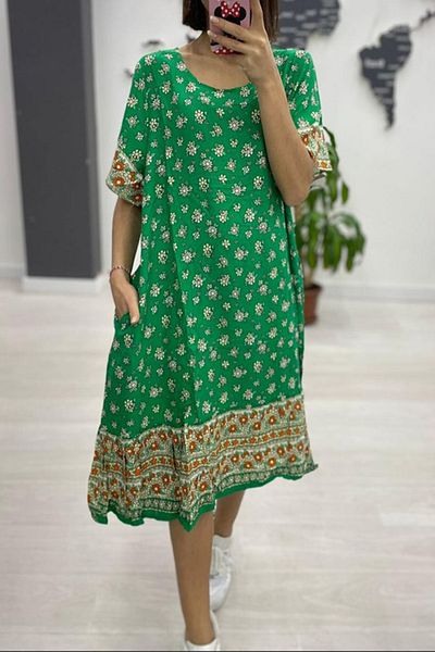 AYASOFYA OTANTIK Rochie midi cu mânecă scurtă, verde, cu decolteu rotund, cu buzunare laterale