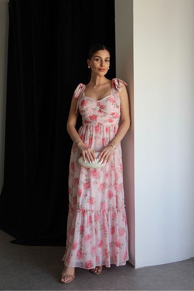 Julidress Rochie din șifon premium, lungă, cu modele florale, cu detaliu Gipe