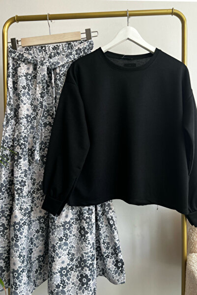 Bold Grup Women's Black Cherry Floral Layered Skirt Blouse Double Set