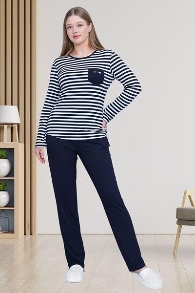 Mecit Pijama Mecit 6201 Navy Blue Striped Large Size Women's Pajama Set