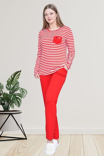 Mecit Pijama Mecit 6201 Red Striped Large Size Women's Pajama Set