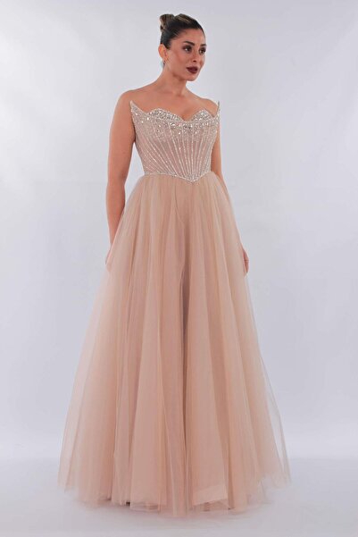 aşkın göksu Bej Beden Taş Ve Balen Detaylı Etek Tül Straplez Yaka Kadın Abiye