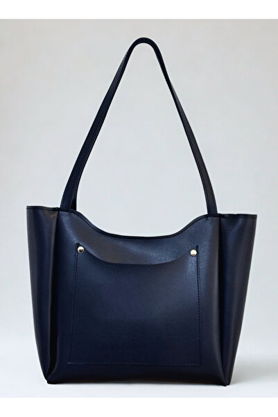 fular & bags Women's Navy Blue Shopper Hand and Shoulder Bag with Front Pocke...