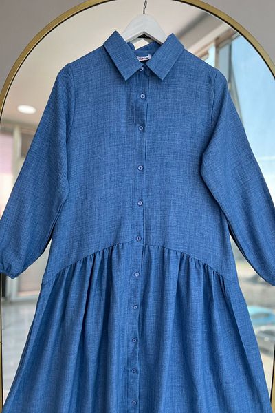 Kirazca Butik Women's Blue Buttoned Kiloş Linen Blended Dress