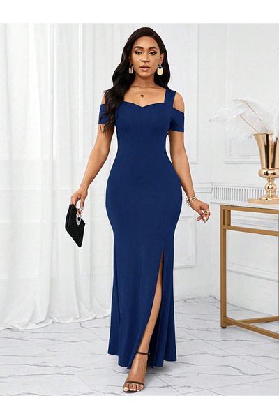 MODAVERA Women's Off-The-Shoulder Strap Slit Detailed Long Imported Crepe Dress