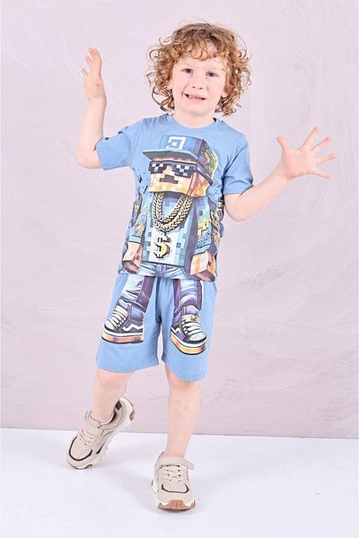 Yağmur Giyim Costum cu mânecă scurtă pentru băiat cu model Minec cu pantaloni scurți albaștri 7614-M