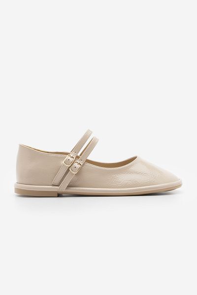 Marjin Damen-Ballerinas mit Schnalle und doppeltem Riemen aus beigem Lackleder