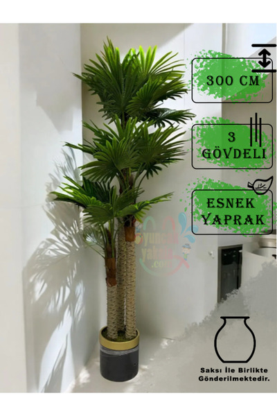 oyuncak yakala Yapay Ağaç Yelpaze Palmiye 3 Gövde Saksılı Salon Otel Lobi Ağacı