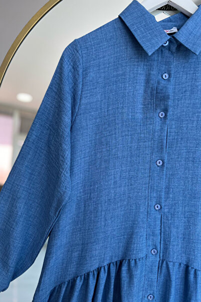 Kirazca Butik Γυναικείο φόρεμα με μπλε κουμπιά Kiloş λινό μείγμα