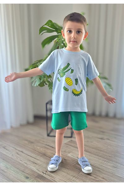 BALKABAĞI Set Crocodil Plutitor Tricou Albastru Pantaloni Scurt Verde Băieți