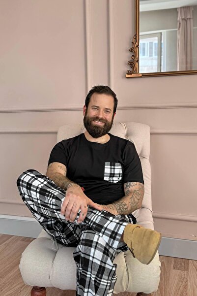 Pijamaevi Siyah Füme Ekose Cep Detay Kısa Kollu Erkek Pijama Takımı