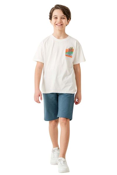 wakawakakidsstore White Boy's Shorts Suit with Palm Detail - Ecru