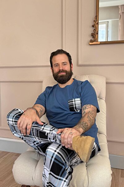 Pijamaevi Ανδρικό σετ πιτζάμες με κοντό μανίκι Indigo μαύρο καρό τσέπη