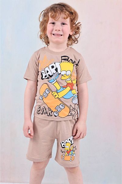 Yağmur Giyim Pjkskt Simpson Pattern Beige Shorts Boy's Short Sleeve Suit 7616-B