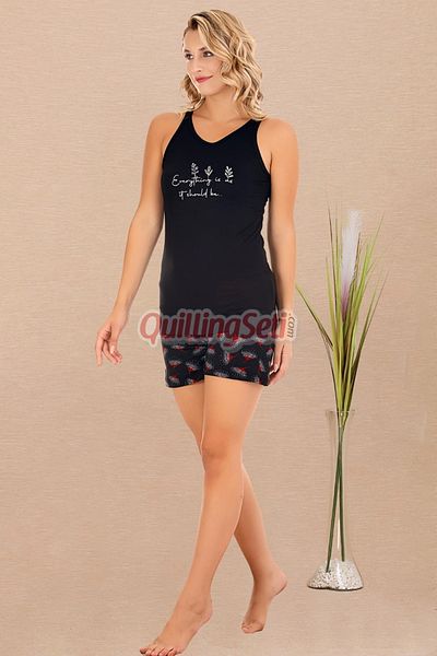 quilling Μαύρο χρώμα και λουλουδάτο σχέδιο Lady 7733 Βαμβακερή βισκόζη Lycra Σετ πιτζάμες με λουράκι V λαιμόκοψη