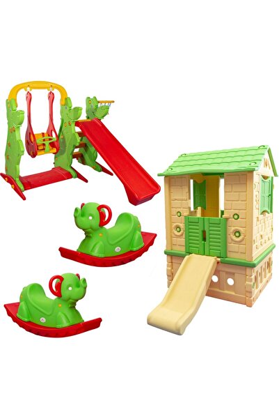 MUPARK Oyun Parkı Seti Kaydıraklı Oyun Evi + Kaydırak Salıncak Takımı + 2 Sal...