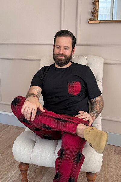 Pijamaevi Σετ ανδρικές πιτζάμες με κοντό μανίκι μαύρη καρό τσέπη