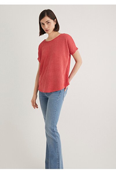 Mavi dokulu V yaka sırt detaylı polyester t-shirt