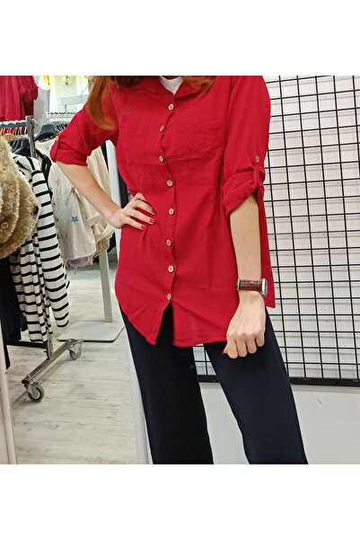 Butik Şans Pocket Detailed Foldable Sleeve Oversize Cotton Shirt