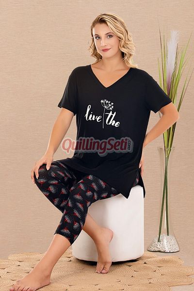 quilling Set de pijamale Capri pentru femei Terciye Lady 12081 din bumbac de culoare neagră și cu modele florale