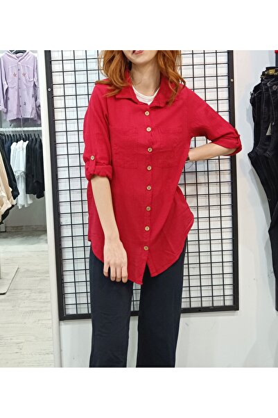 Butik Şans Pocket Detailed Foldable Sleeve Oversize Cotton Shirt