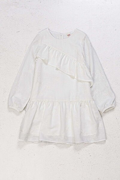 wakawakakidsstore Pamuk Kumaş Üzeri Sargı Nakış İşlemeli Kız Çocuk Elbise - Ekru