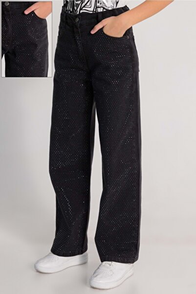 wakawakakidsstore Taş Baskılı Geniş Paça Ayarlanabilir Belli Kız Çocuk Kot Pantolon - Siyah