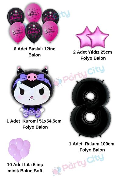 Party City Kuromi Balloon Foil Themed 8Th Birthday Celebration-Happy Birthday Fuchsia Black Balloon-Birthday Party Set