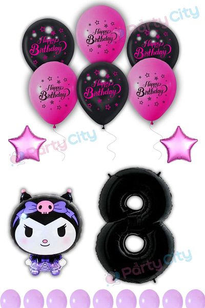 Party City Kuromi Balloon Foil Themed 8Th Birthday Celebration-Happy Birthday Fuchsia Black Balloon-Birthday Party Set