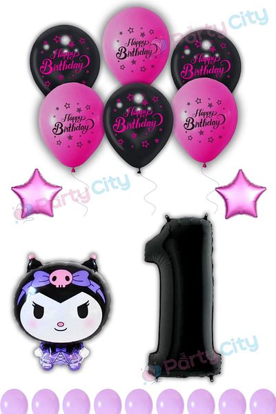 Party City Kuromi Balloon Foil Themed 1St Birthday Celebration-Happy Birthday Pink Black Balloon-Birthday Party Set